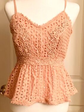 Japna Cotton Babydoll Eyelet Top Spaghetti Straps Fitted Apricot Size S